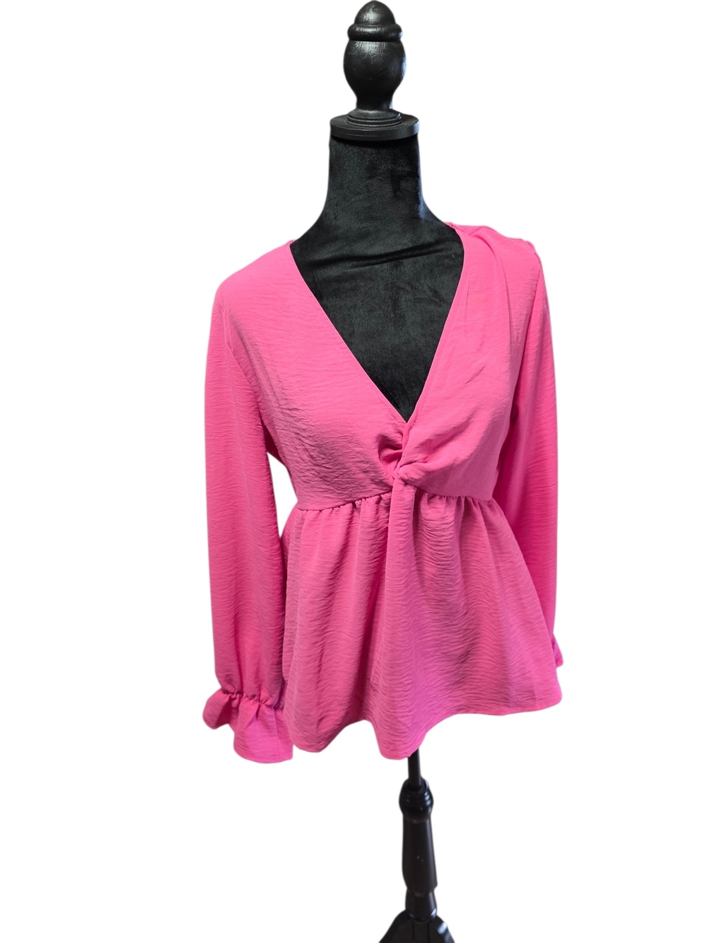 Twist-Front V-Neck Blouse - Hot Pink